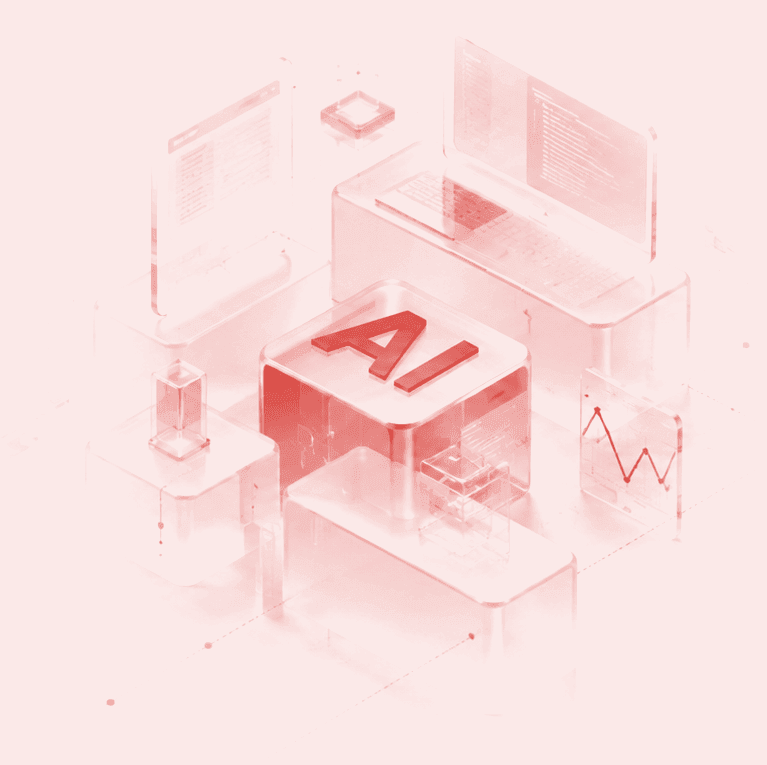 Red glass AI cube among translucent system blocks