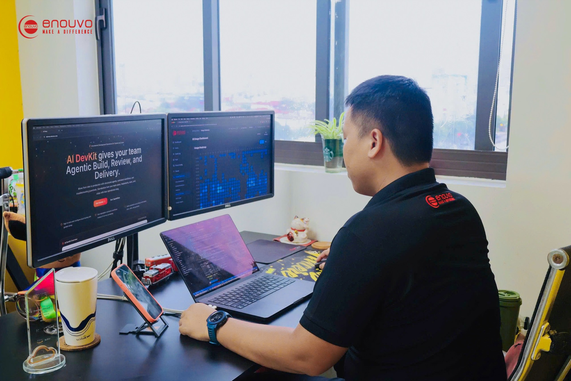 An Enouvo engineer working with the AI DevKit and the AI Proxy usage dashboard on screen.